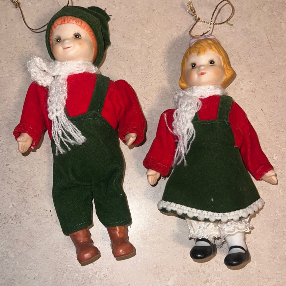 Vintage Collectible Porcelain Dolls Boy 7" Tall and Girl 7" Christmas Children